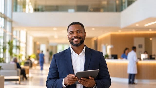 Gestor hospitalar sorrindo, com blazer azul-marinho sobre camisa branca, segurando um tablet, em a recepção de um hospital moderno