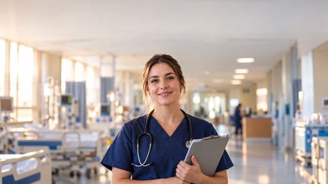 Enfermeira sorrindo, com uniforme hospitalar azul-marinho e estetoscópio no pescoço, segurando uma prancheta, em o corredor de um hospital moderno e bem iluminado, com leitos e equipamentos