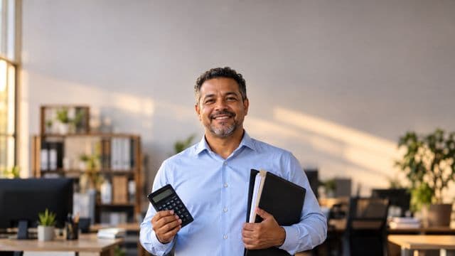 Contador sorrindo, com camisa social azul-clara, segurando uma calculadora e uma pasta de documentos, em um escritório contábil moderno