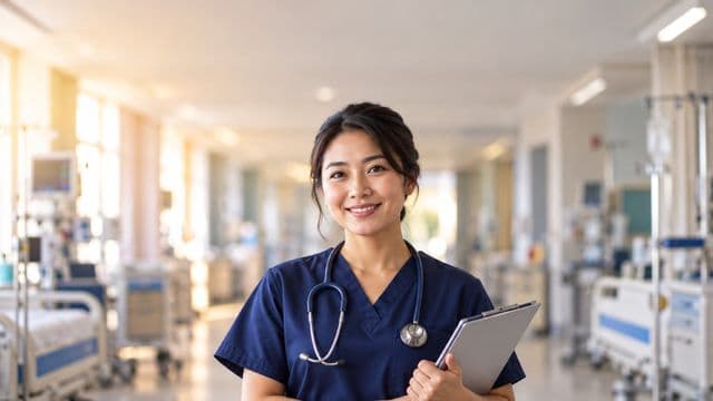 Enfermeira sorrindo, com uniforme hospitalar azul-marinho e estetoscópio no pescoço, segurando uma prancheta, em o corredor de um hospital moderno e bem iluminado, com leitos e equipamentos
