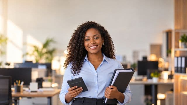 Contadora sorrindo, com camisa social azul-clara, segurando uma calculadora e uma pasta de documentos, em um escritório contábil moderno