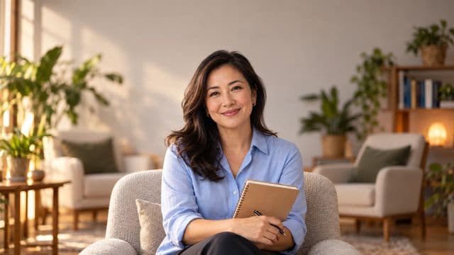 Psicóloga sorrindo, com camisa social azul, sem gravata, segurando um caderno de anotações, em um consultório de psicologia aconchegante com poltronas e plantas