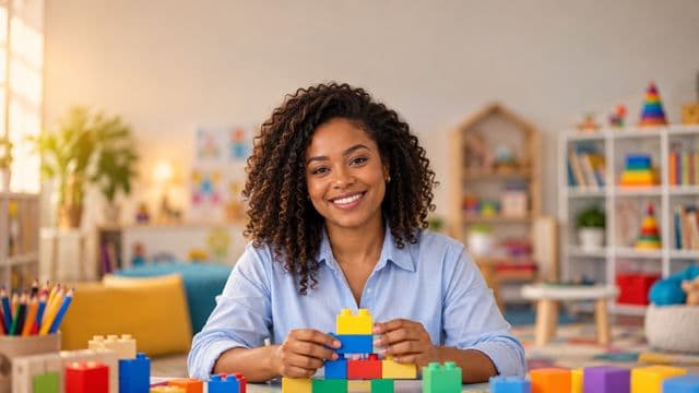 Psicopedagoga sorrindo, com camisa azul-clara, segurando blocos de montar coloridos, em uma sala de atendimento infantil colorida e organizada, com brinquedos pedagógicos