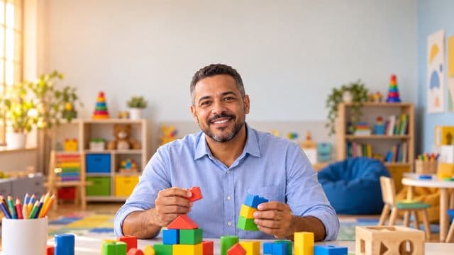 Psicopedagogo sorrindo, com camisa azul-clara, segurando blocos de montar coloridos, em uma sala de atendimento infantil colorida e organizada, com brinquedos pedagógicos