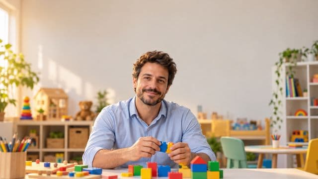Psicopedagogo sorrindo, com camisa azul-clara, segurando blocos de montar coloridos, em uma sala de atendimento infantil colorida e organizada, com brinquedos pedagógicos