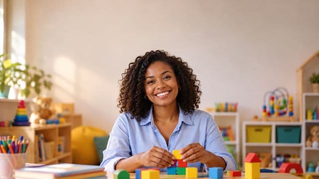 Psicopedagoga sorrindo, com camisa azul-clara, segurando blocos de montar coloridos, em uma sala de atendimento infantil colorida e organizada, com brinquedos pedagógicos