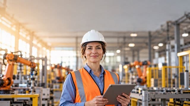 Engenheira de automação sorrindo, com capacete branco e colete laranja sobre camisa azul, segurando um tablet, em uma fábrica moderna com braços robóticos