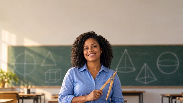 Professora de exatas sorrindo, com camisa social azul, segurando um compasso de madeira, em uma sala de aula com lousa coberta de formas geométricas