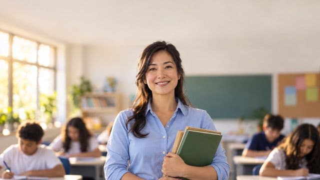 Professora sorrindo, com camisa social azul, segurando livros de capa lisa, em uma sala de aula moderna e clara com alunos desfocados