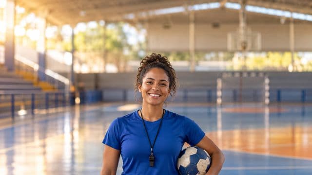 Profissional de educação física sorrindo, com camiseta esportiva azul e apito no pescoço, segurando uma bola, em uma quadra poliesportiva coberta e bem iluminada