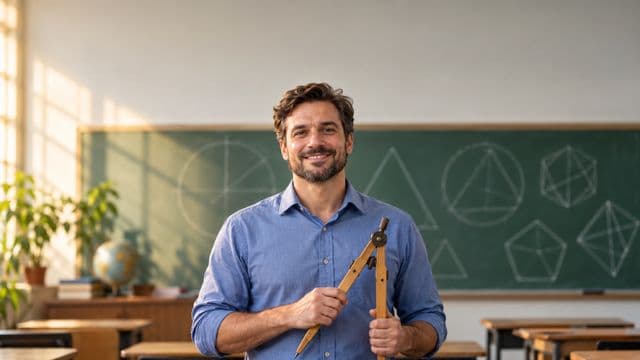 Professor de exatas sorrindo, com camisa social azul, segurando um compasso de madeira, em uma sala de aula com lousa coberta de formas geométricas