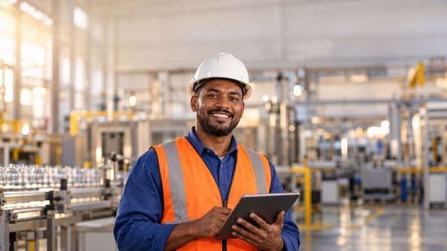 Técnico industrial sorrindo, com capacete branco e colete laranja sobre camisa azul, segurando um tablet, em uma fábrica moderna com linha de produção
