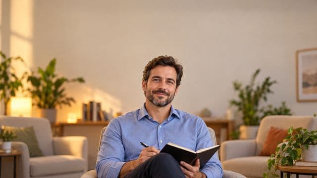 Psicólogo sorrindo, com camisa social azul, sem gravata, segurando um caderno de anotações, em um consultório de psicologia aconchegante com poltronas e plantas