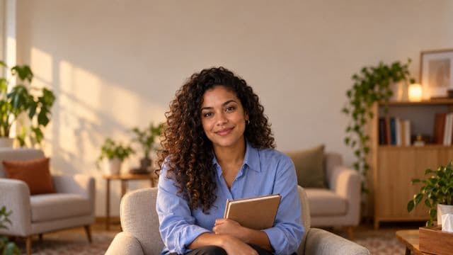 Psicóloga sorrindo, com camisa social azul, sem gravata, segurando um caderno de anotações, em um consultório de psicologia aconchegante com poltronas e plantas