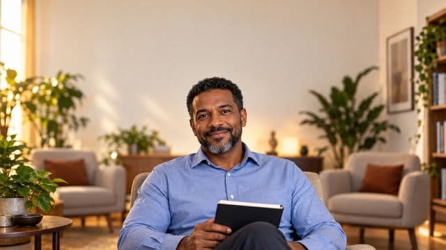 Psicólogo sorrindo, com camisa social azul, sem gravata, segurando um caderno de anotações, em um consultório de psicologia aconchegante com poltronas e plantas