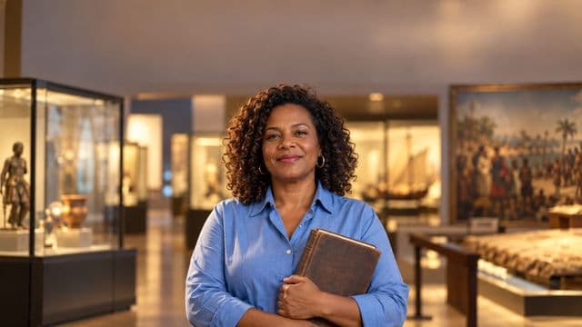 Professora de história sorrindo, com camisa social azul, segurando um livro antigo de capa lisa, em um museu histórico com vitrines desfocadas