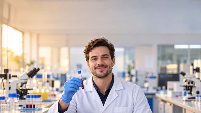Biomédico sorrindo, com jaleco branco e luvas azuis, segurando um tubo de ensaio, em um laboratório de análises clínicas com microscópios e bancadas