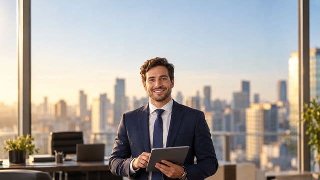 Analista financeiro sorrindo, com terno azul-marinho, segurando um tablet, em um escritório corporativo com vista para a cidade
