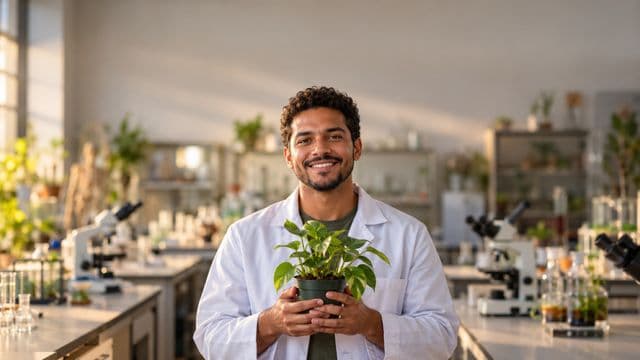 Professor de biologia sorrindo, com jaleco branco, segurando uma planta em um vaso pequeno, em um laboratório de biologia com microscópios
