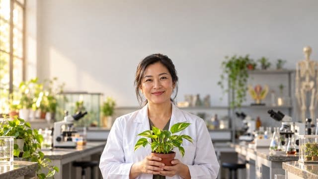 Professora de biologia sorrindo, com jaleco branco, segurando uma planta em um vaso pequeno, em um laboratório de biologia com microscópios