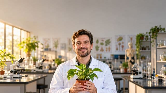 Professor de biologia sorrindo, com jaleco branco, segurando uma planta em um vaso pequeno, em um laboratório de biologia com microscópios