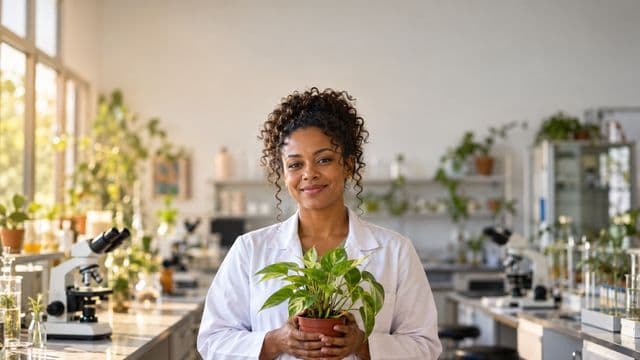 Professora de biologia sorrindo, com jaleco branco, segurando uma planta em um vaso pequeno, em um laboratório de biologia com microscópios