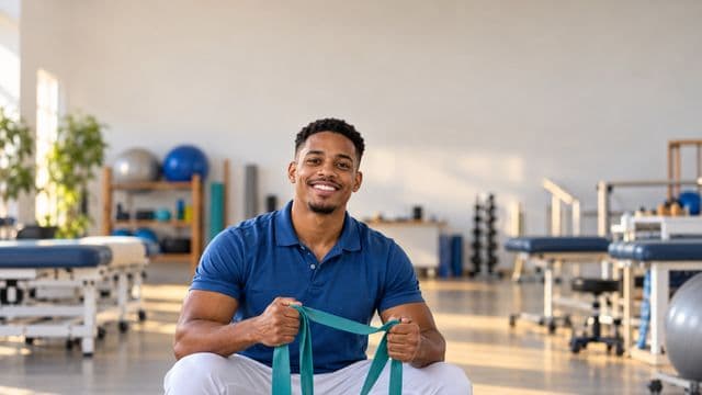 Fisioterapeuta sorrindo, com camisa polo azul e calça branca, segurando uma faixa elástica de exercício, em uma clínica de fisioterapia com macas e aparelhos