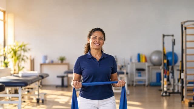 Fisioterapeuta sorrindo, com camisa polo azul e calça branca, segurando uma faixa elástica de exercício, em uma clínica de fisioterapia com macas e aparelhos