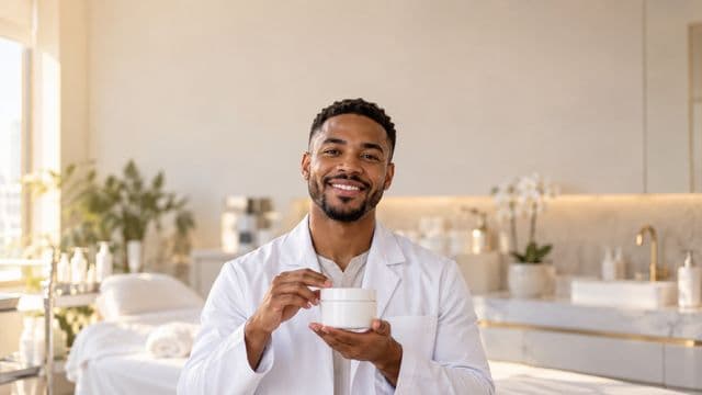 Profissional de estética sorrindo, com jaleco branco, segurando um frasco de cosmético sem rótulo, em uma clínica de estética clara e sofisticada