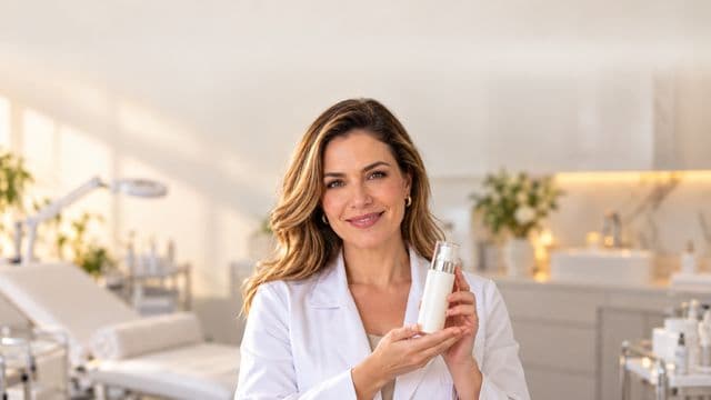 Profissional de estética sorrindo, com jaleco branco, segurando um frasco de cosmético sem rótulo, em uma clínica de estética clara e sofisticada