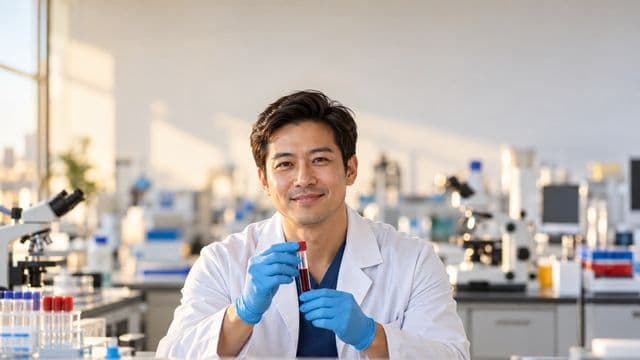 Biomédico sorrindo, com jaleco branco e luvas azuis, segurando um tubo de ensaio, em um laboratório de análises clínicas com microscópios e bancadas