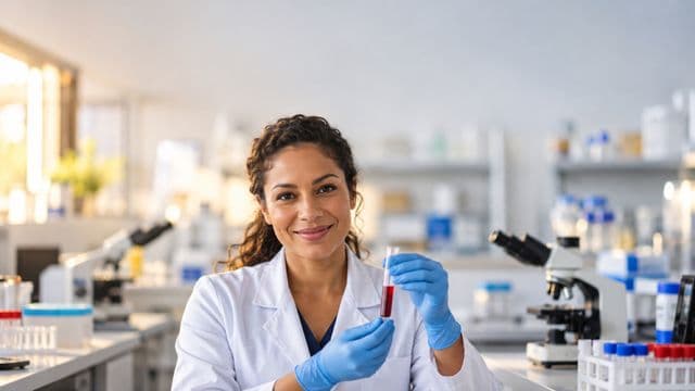 Biomédica sorrindo, com jaleco branco e luvas azuis, segurando um tubo de ensaio, em um laboratório de análises clínicas com microscópios e bancadas
