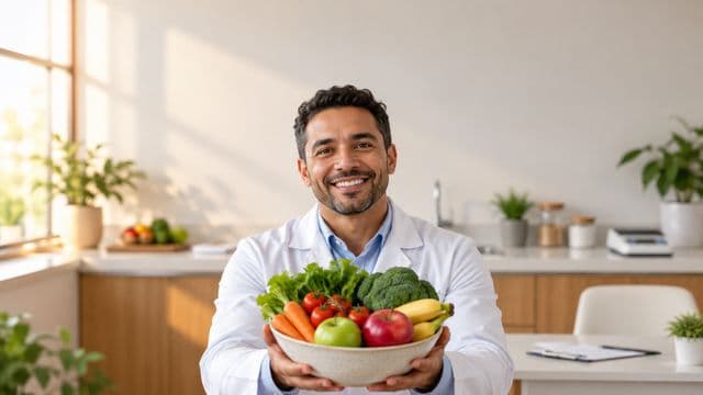 Nutricionista sorrindo, com jaleco branco sobre camisa azul-clara, segurando uma tigela de frutas e legumes frescos, em um consultório de nutrição claro com bancada e balança