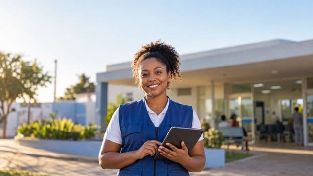 Agente de saúde pública sorrindo, com colete azul de equipe de saúde sobre camisa branca, segurando um tablet, em uma unidade básica de saúde moderna