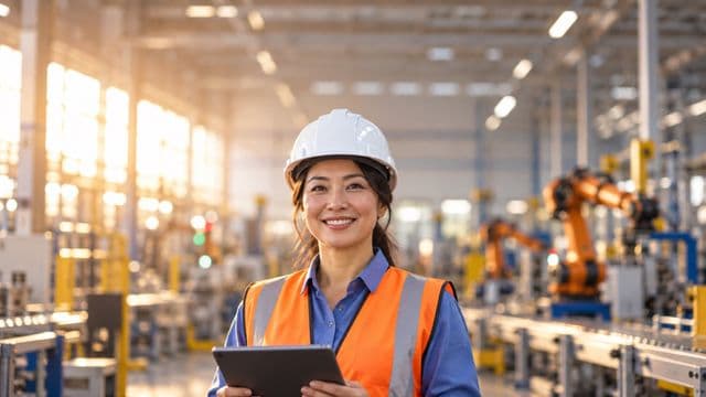Engenheira de produção sorrindo, com capacete branco e colete laranja sobre camisa azul, segurando um tablet, em uma fábrica moderna com linha de produção e braços robóticos