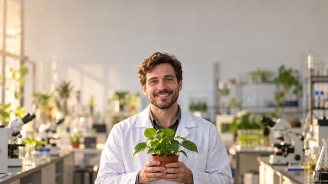 Professor de biologia sorrindo, com jaleco branco, segurando uma planta em um vaso pequeno, em um laboratório de biologia com microscópios