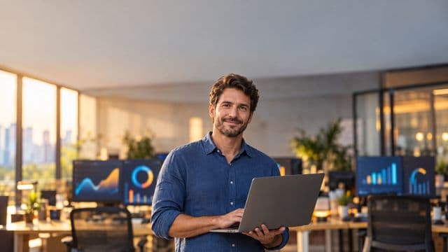 Cientista de dados sorrindo, com camisa casual azul, segurando um notebook aberto, em um escritório de tecnologia moderno com telas de gráficos desfocadas