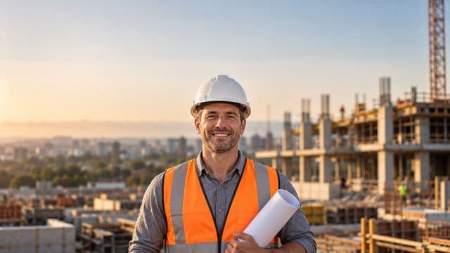 Engenheiro civil sorrindo, com capacete branco e colete refletivo laranja, segurando uma planta da obra enrolada, em um canteiro de obras com a estrutura de um prédio
