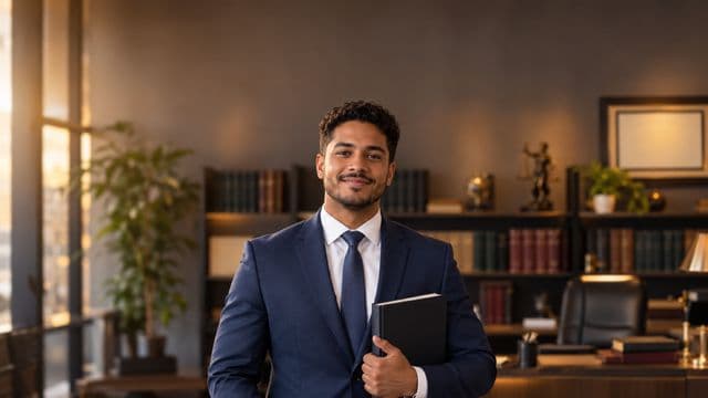 Advogado sorrindo, com terno azul-marinho e camisa branca, segurando um livro de capa lisa, em um escritório de advocacia elegante com estantes de livros