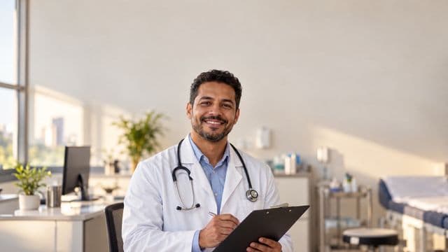 Médico sorrindo, com jaleco branco e estetoscópio, segurando uma prancheta, em um consultório médico moderno e bem iluminado