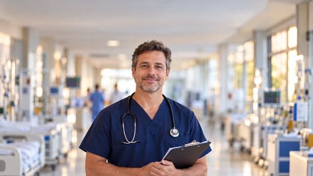 Enfermeiro sorrindo, com uniforme hospitalar azul-marinho e estetoscópio no pescoço, segurando uma prancheta, em o corredor de um hospital moderno e bem iluminado, com leitos e equipamentos