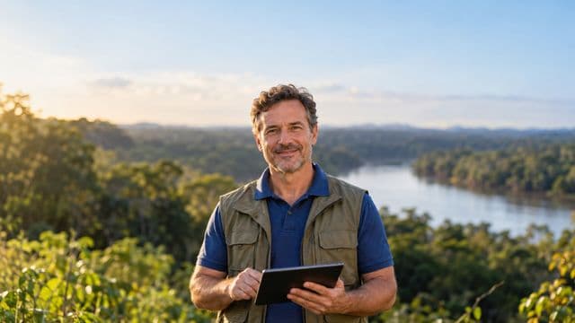 Gestor ambiental sorrindo, com camisa polo azul e colete de campo, segurando um tablet, em uma área de preservação com mata e um rio
