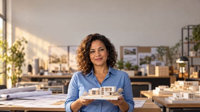 Arquiteta sorrindo, com camisa social azul, segurando uma pequena maquete branca, em um escritório de arquitetura com pranchetas e maquetes