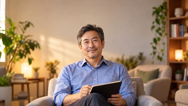 Psicólogo sorrindo, com camisa social azul, sem gravata, segurando um caderno de anotações, em um consultório de psicologia aconchegante com poltronas e plantas