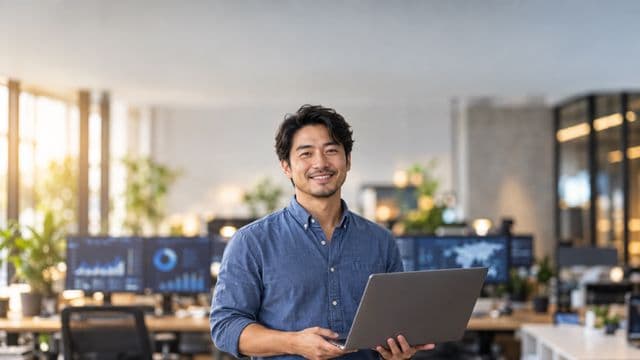 Cientista de dados sorrindo, com camisa casual azul, segurando um notebook aberto, em um escritório de tecnologia moderno com telas de gráficos desfocadas