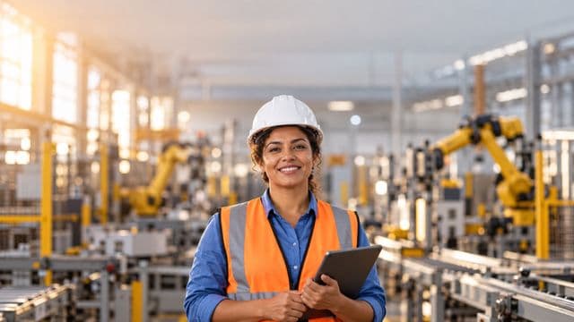 Engenheira de produção sorrindo, com capacete branco e colete laranja sobre camisa azul, segurando um tablet, em uma fábrica moderna com linha de produção e braços robóticos