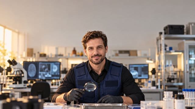Perito criminal sorrindo, com colete azul-escuro de perícia sobre camisa preta e luvas, segurando uma lupa, em um laboratório de perícia forense