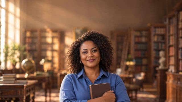 Teóloga sorrindo, com camisa social azul, segurando um livro de capa lisa, em uma biblioteca antiga com estantes de madeira