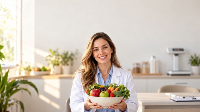 Nutricionista sorrindo, com jaleco branco sobre camisa azul-clara, segurando uma tigela de frutas e legumes frescos, em um consultório de nutrição claro com bancada e balança