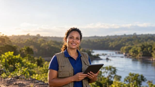 Gestora ambiental sorrindo, com camisa polo azul e colete de campo, segurando um tablet, em uma área de preservação com mata e um rio